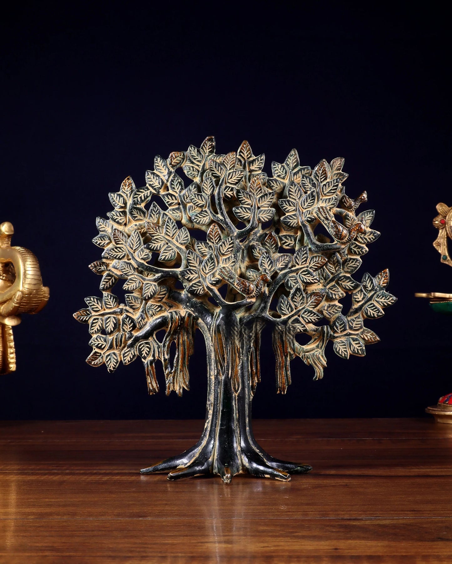 Brassaura™ Pure Brass Handcrafted Kalpavriksha Tree in Vintage Sand Finish Tone | Tabletop Tree of Life Showpiece | Weight 1.2 Kgs | Height 9.5 Inches