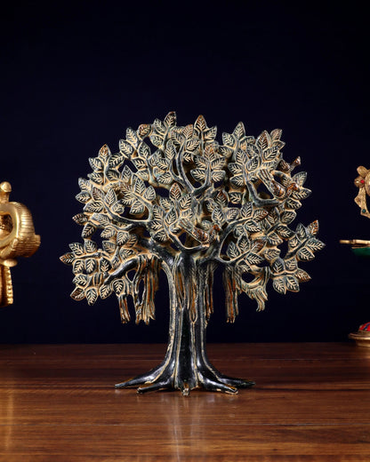 Brassaura™ Pure Brass Handcrafted Kalpavriksha Tree in Vintage Sand Finish Tone | Tabletop Tree of Life Showpiece | Weight 1.2 Kgs | Height 9.5 Inches