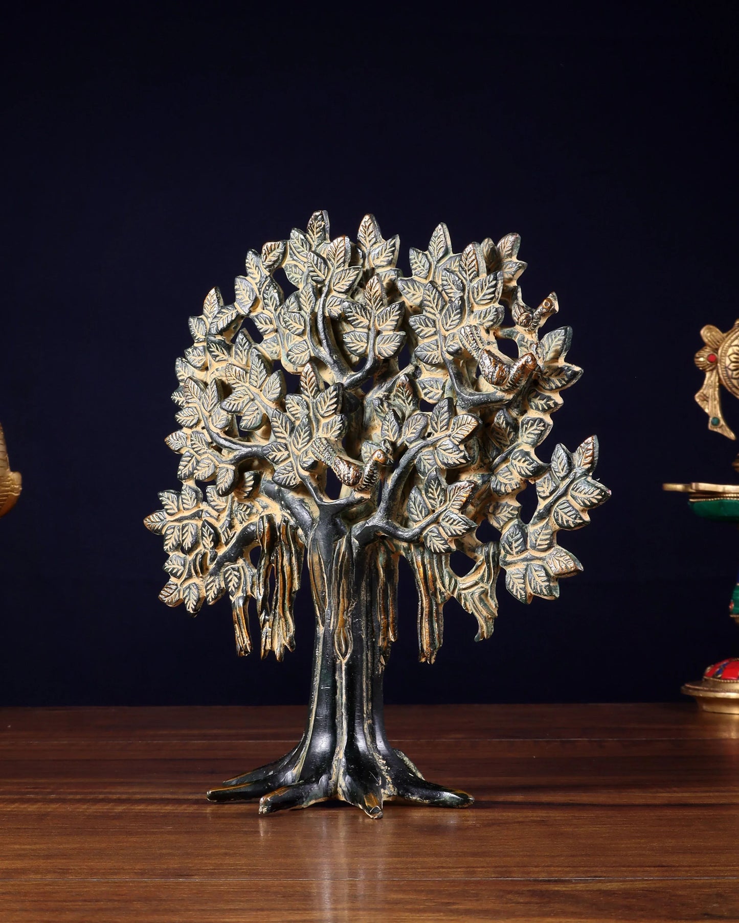 Brassaura™ Pure Brass Handcrafted Kalpavriksha Tree in Vintage Sand Finish Tone | Tabletop Tree of Life Showpiece | Weight 1.2 Kgs | Height 9.5 Inches