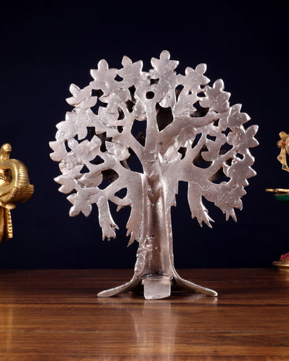 Brassaura™ Pure Brass Handcrafted Silver-Plated Kalpavriksha Tree | Tabletop Tree of Life Showpiece | Weight 1.8 Kgs | Height 11 Inches