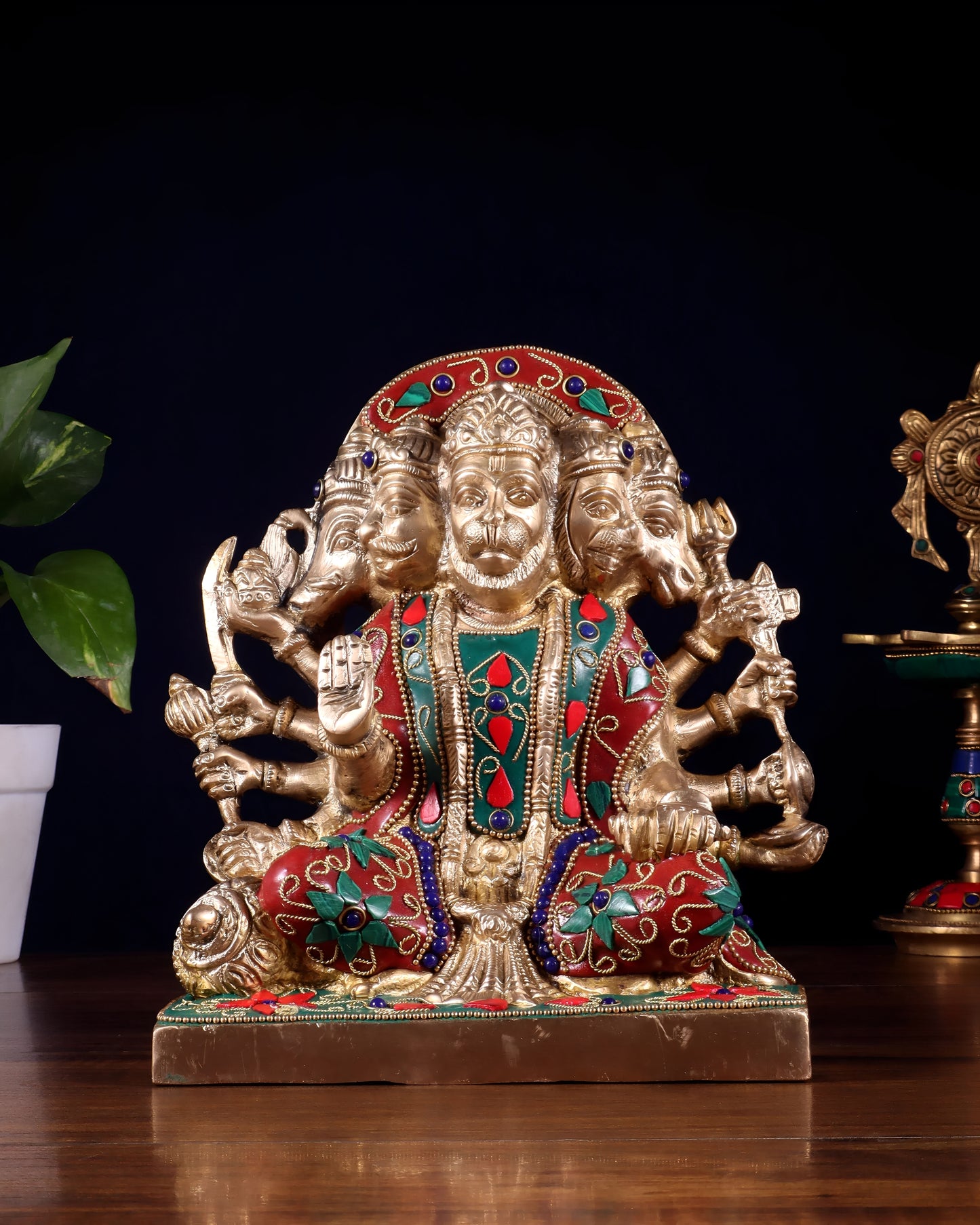 Brassaura™ Panchmukhi Hanuman Statue | Pure Brass with Meenakari Stonework | Height 7.5 Inches & Weight 3.7 Kgs
