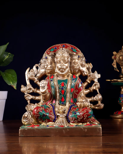 Brassaura™ Panchmukhi Hanuman Statue | Pure Brass with Meenakari Stonework | Height 7.5 Inches & Weight 3.7 Kgs