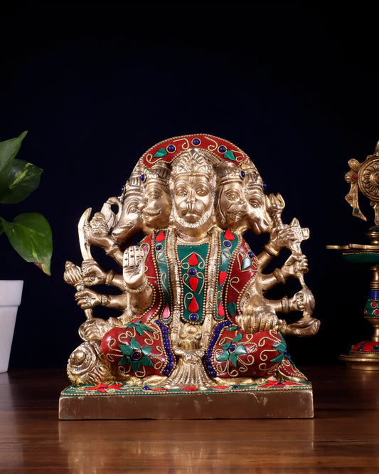 Brassaura™ Panchmukhi Hanuman Statue | Pure Brass with Meenakari Stonework | Height 7.5 Inches & Weight 3.7 Kgs