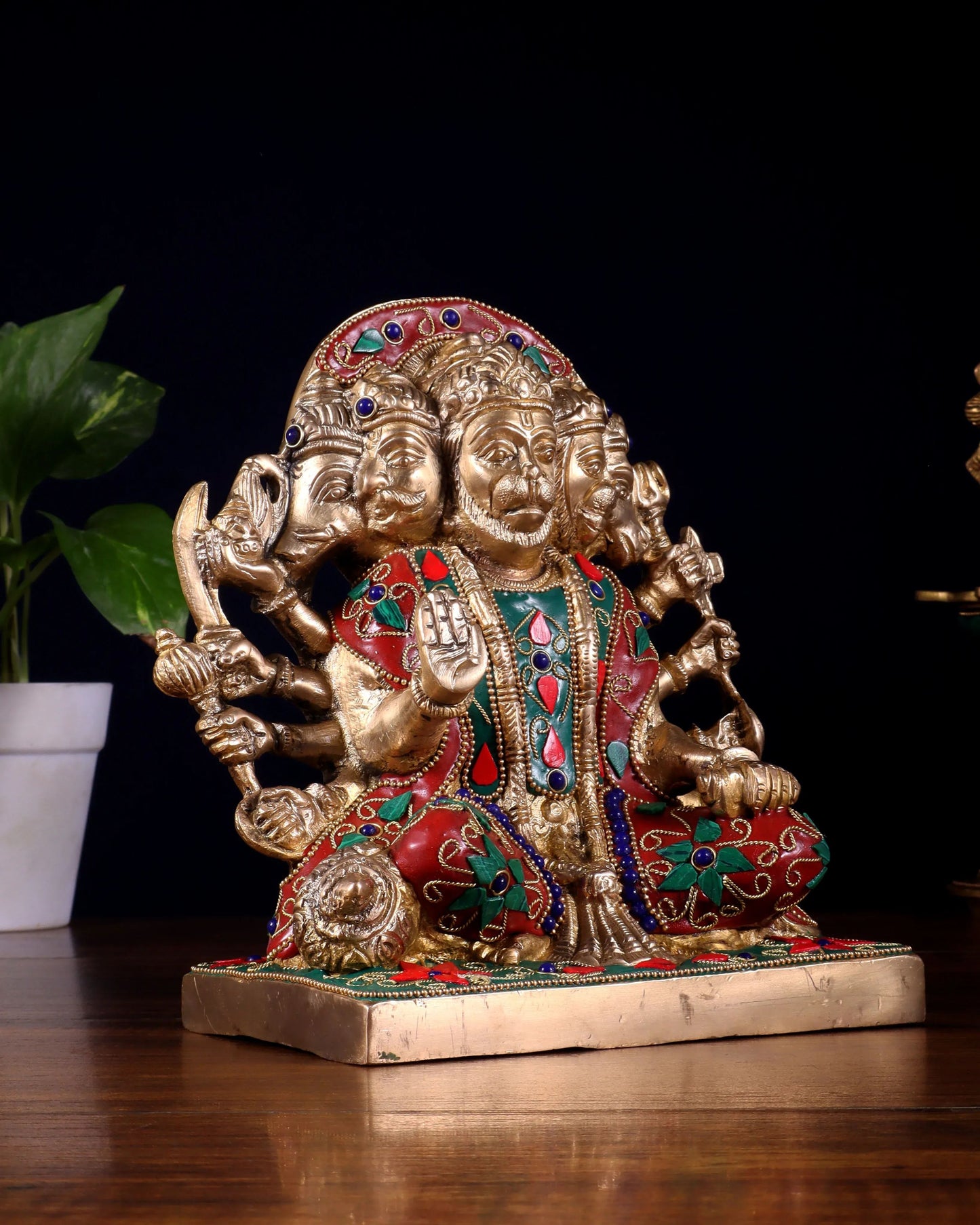 Brassaura™ Panchmukhi Hanuman Statue | Pure Brass with Meenakari Stonework | Height 7.5 Inches & Weight 3.7 Kgs