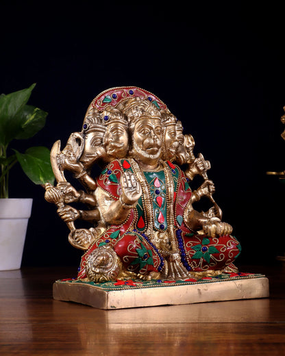 Brassaura™ Panchmukhi Hanuman Statue | Pure Brass with Meenakari Stonework | Height 7.5 Inches & Weight 3.7 Kgs