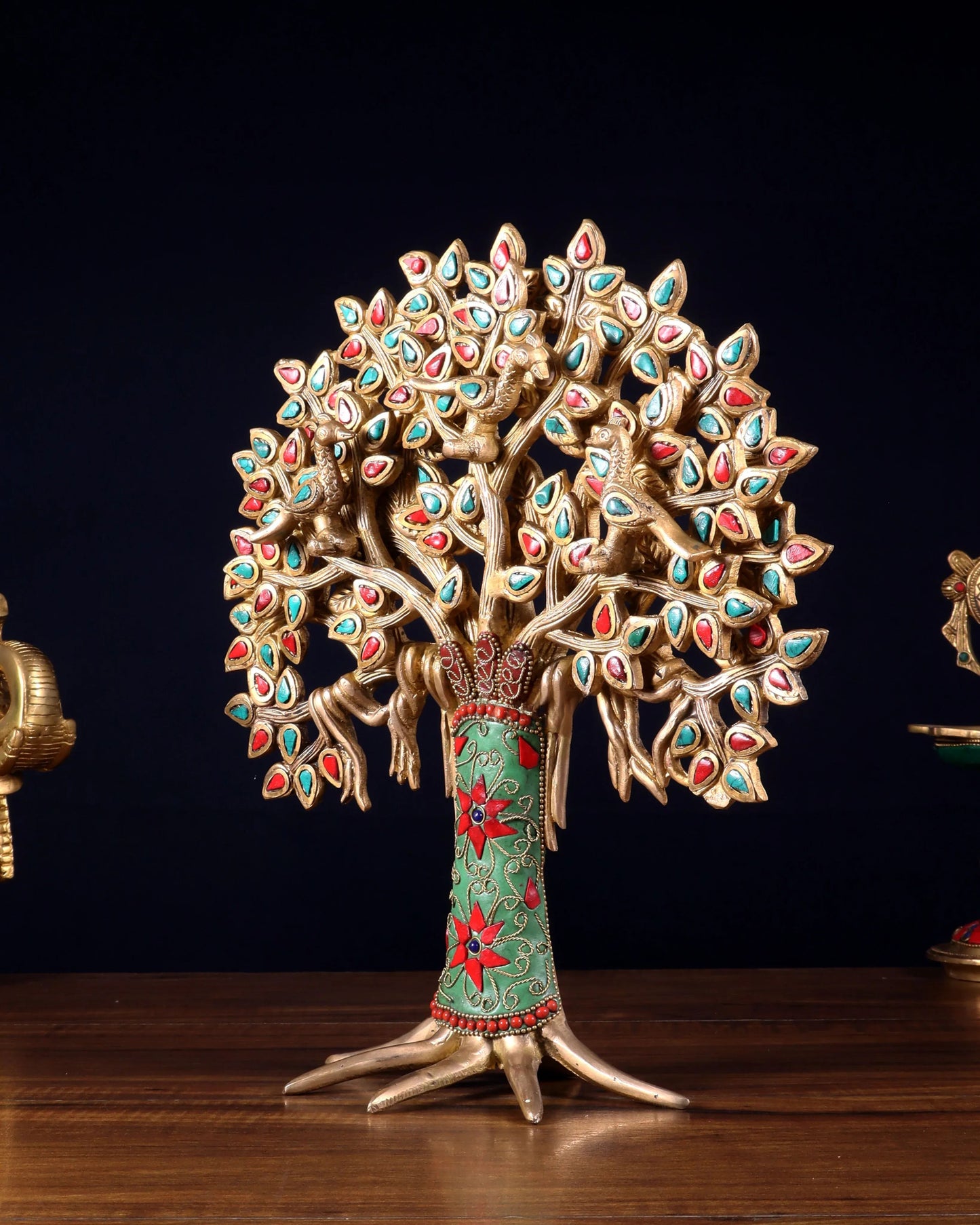 Brassaura™ Brass Kalpavriksha Tree of Life with Birds Showpiece | Handcrafted with Meenakari Stonework | Weight 2.52 Kgs | Height 12 Inches