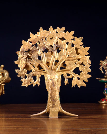 Brassaura™ Brass Kalpavriksha Tree of Life with Birds Showpiece | Handcrafted with Meenakari Stonework | Weight 2.52 Kgs | Height 12 Inches