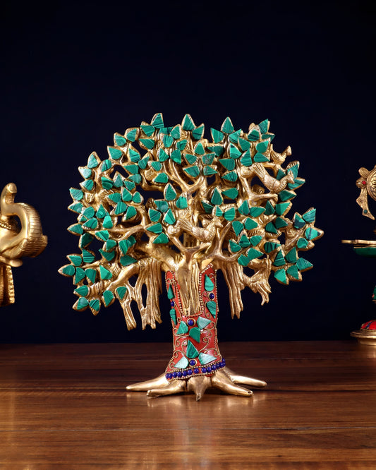 Brassaura™ शुद्ध पीतल हस्तनिर्मित कल्पवृक्ष स्टोनवर्क के साथ | टेबलटॉप ट्री ऑफ लाइफ शोपीस | वज़न 1.2 किग्रा | ऊँचाई 9.5 इंच