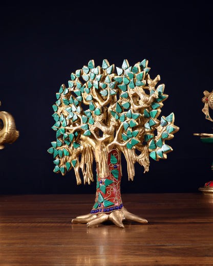 Brassaura™ Pure Brass Handcrafted Kalpavriksha Tree with Stonework | Tabletop Tree of Life Showpiece | Weight 1.2 Kgs | Height 9.5 Inches