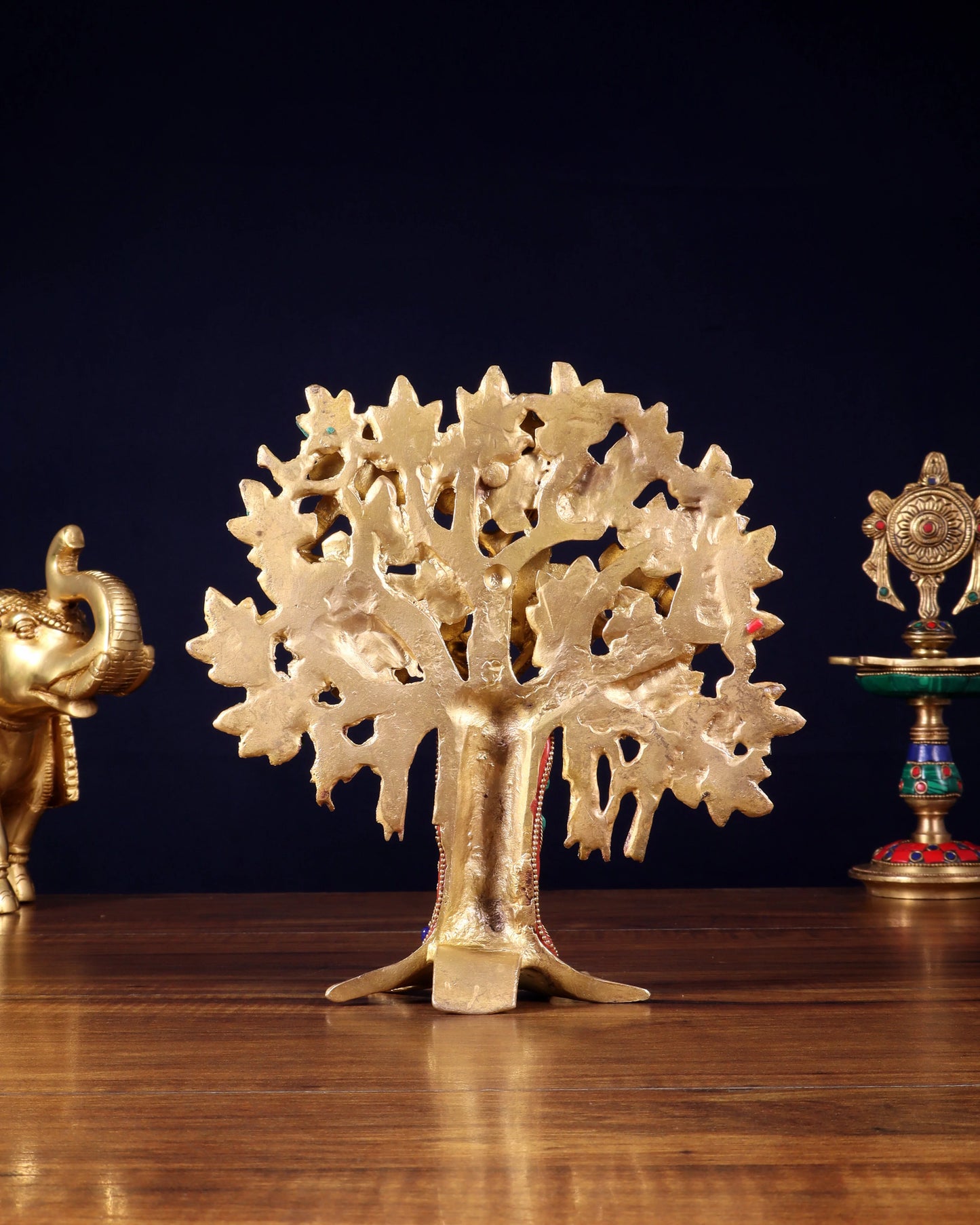 Brassaura™ Pure Brass Handcrafted Kalpavriksha Tree with Stonework | Tabletop Tree of Life Showpiece | Weight 1.2 Kgs | Height 9.5 Inches