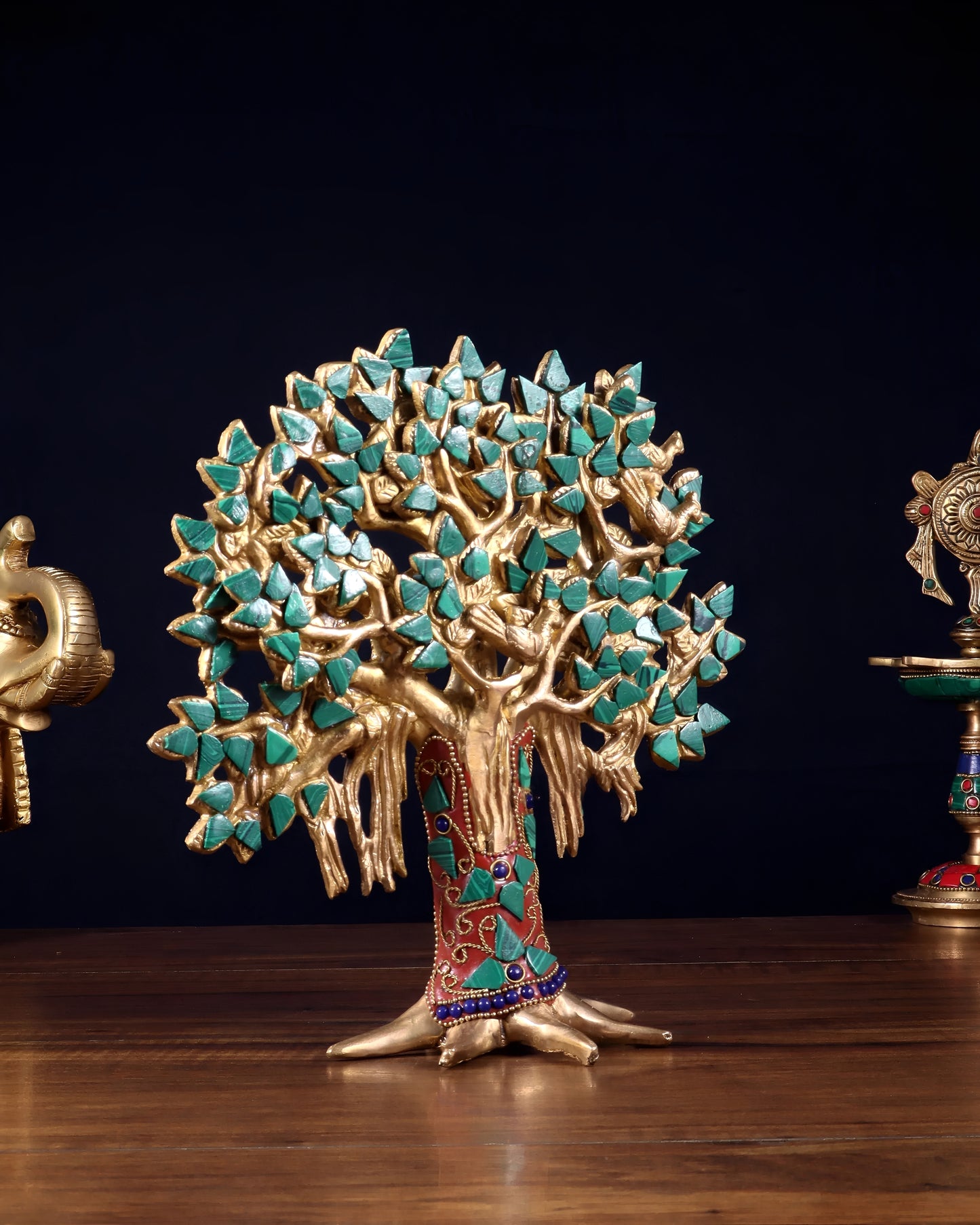 Brassaura™ Pure Brass Handcrafted Kalpavriksha Tree with Stonework | Tabletop Tree of Life Showpiece | Weight 1.2 Kgs | Height 9.5 Inches
