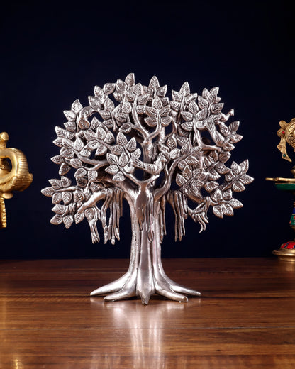 Brassaura™ Pure Brass Handcrafted Silver-Plated Kalpavriksha Tree | Tabletop Tree of Life Showpiece | Weight 1.2 Kgs | Height 9.5 Inches