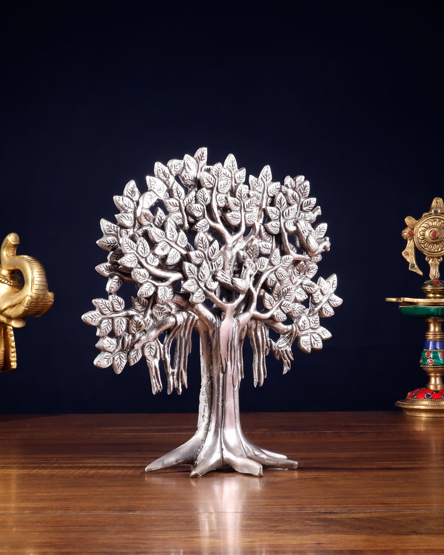 Brassaura™ Pure Brass Handcrafted Silver-Plated Kalpavriksha Tree | Tabletop Tree of Life Showpiece | Weight 1.2 Kgs | Height 9.5 Inches