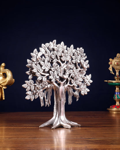 Brassaura™ Pure Brass Handcrafted Silver-Plated Kalpavriksha Tree | Tabletop Tree of Life Showpiece | Weight 1.2 Kgs | Height 9.5 Inches