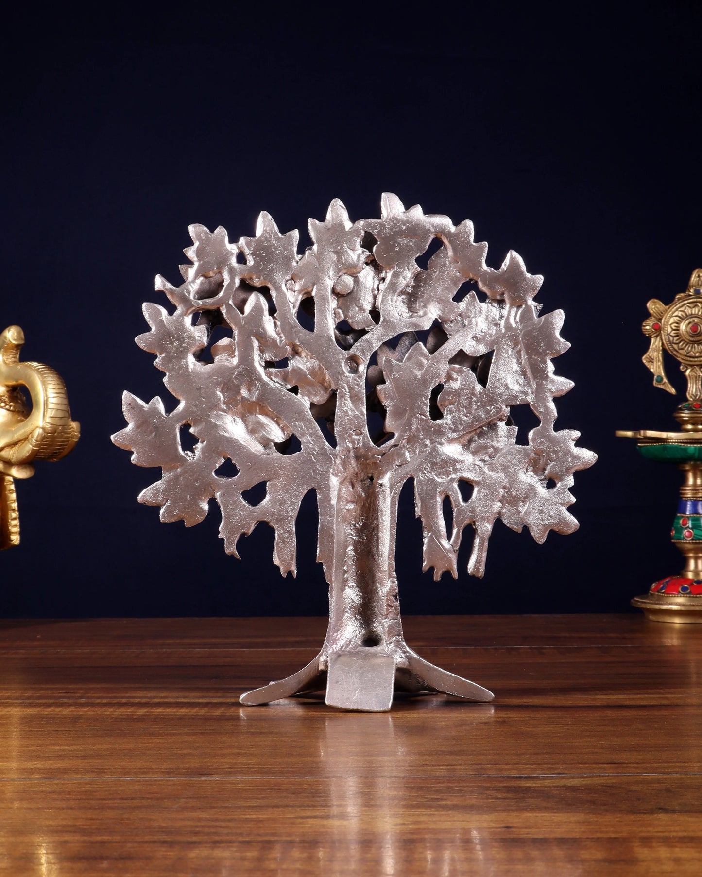 Brassaura™ Pure Brass Handcrafted Silver-Plated Kalpavriksha Tree | Tabletop Tree of Life Showpiece | Weight 1.2 Kgs | Height 9.5 Inches