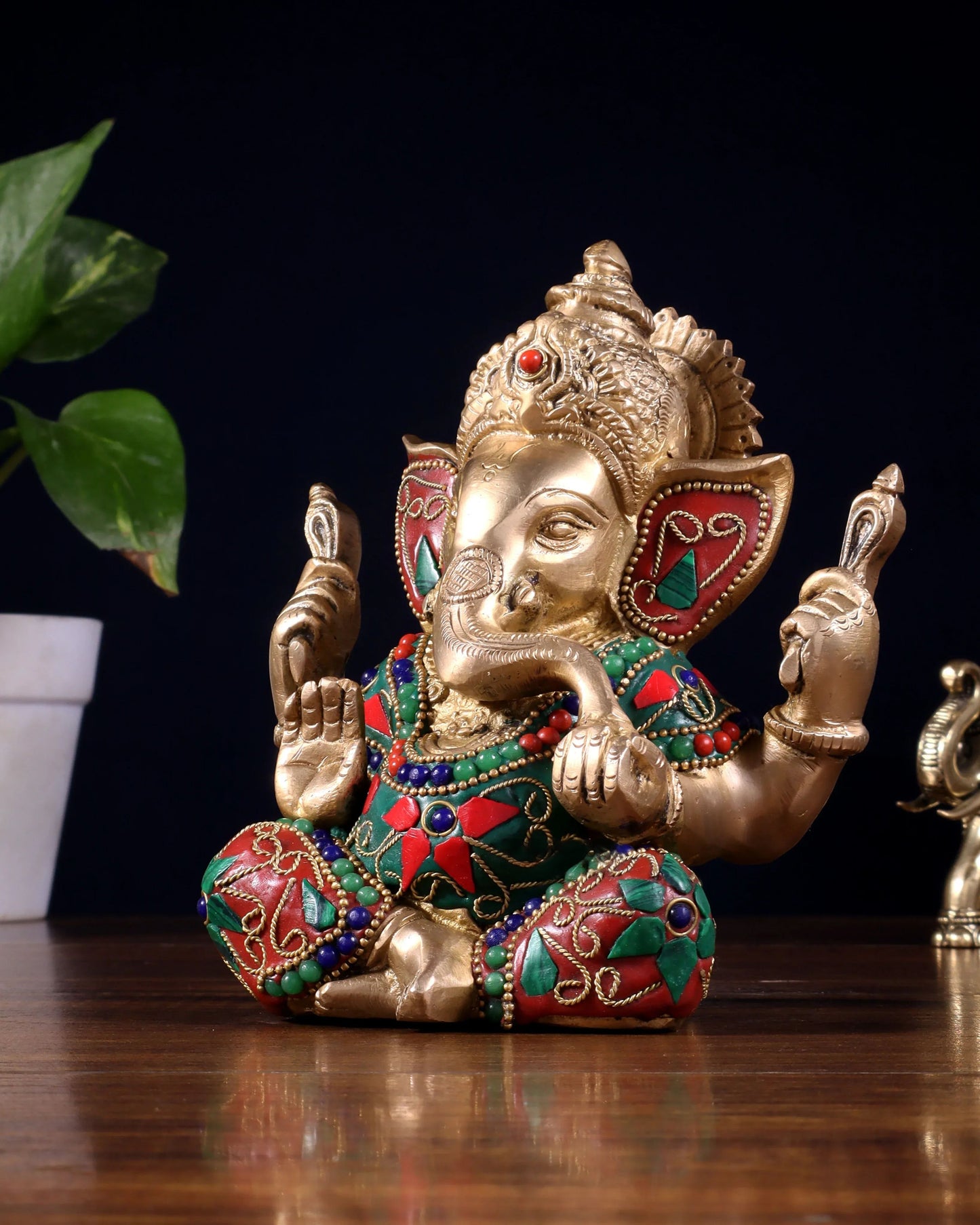 Brassaura™ Brass Ganesha Idol with Meenakari Stonework | Height 6 Inches & Weight 1.8 Kgs