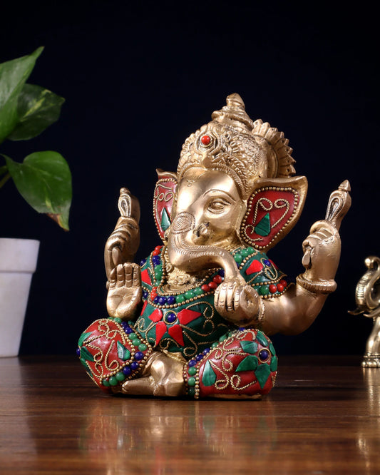Brassaura™ Brass Ganesha Idol with Meenakari Stonework | Height 6 Inches & Weight 1.8 Kgs