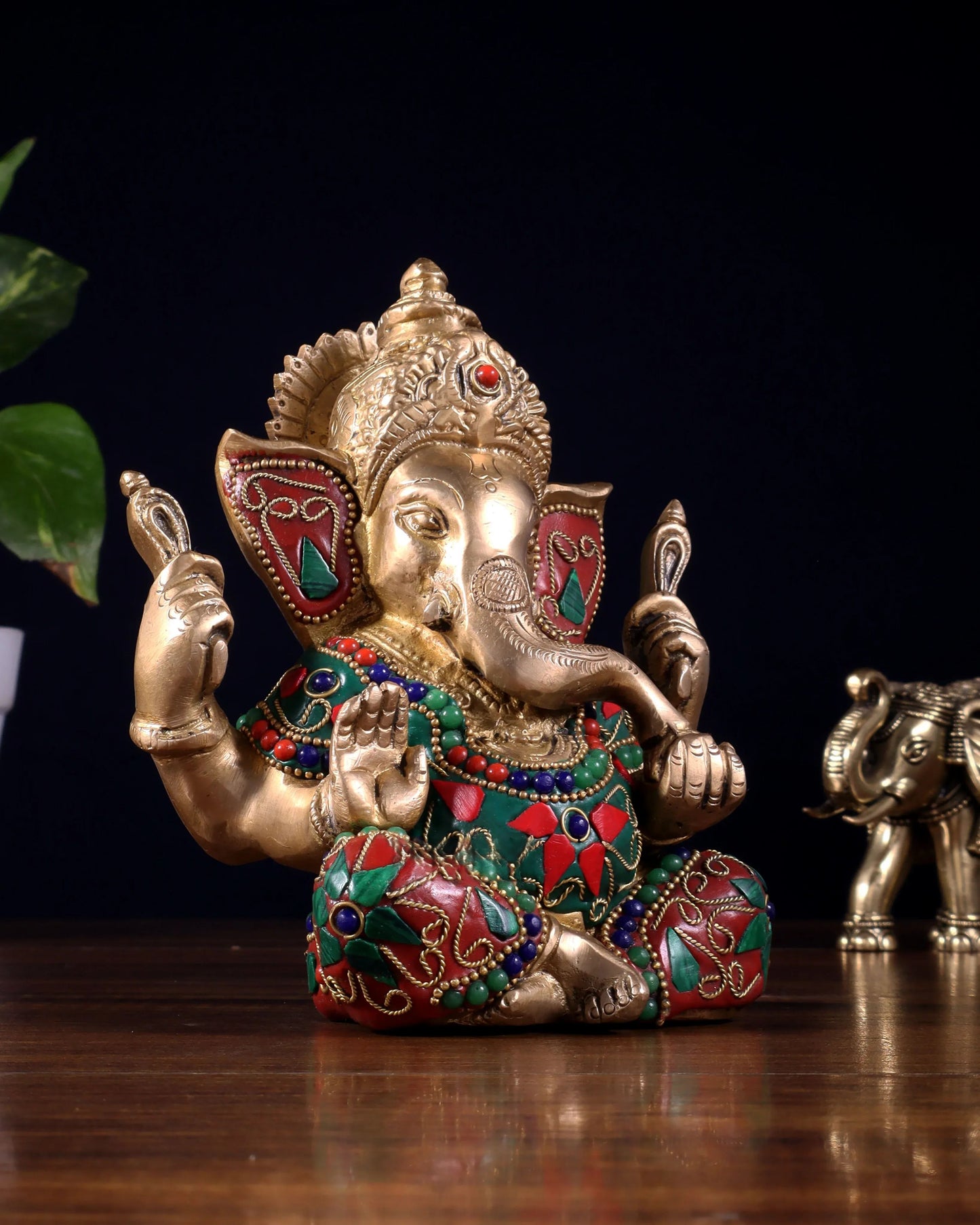 Brassaura™ Brass Ganesha Idol with Meenakari Stonework | Height 6 Inches & Weight 1.8 Kgs