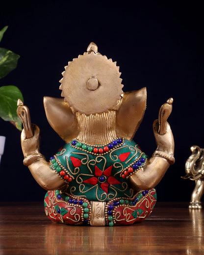 Brassaura™ Brass Ganesha Idol with Meenakari Stonework | Height 6 Inches & Weight 1.8 Kgs