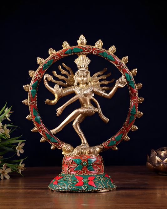 Brassaura® Superfine Brass Lord Shiva Nataraja Idol with Stonework | Handcrafted Spiritual Décor |  Height 7.5 Inches