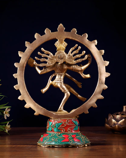 Brassaura™ Superfine Brass Lord Shiva Nataraja Idol with Stonework | Handcrafted Spiritual Décor | Weight 600 g | Height 7.5 Inches