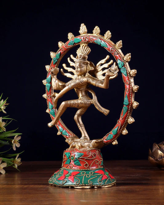 Brassaura™ Superfine Brass Lord Shiva Nataraja Idol with Stonework | Handcrafted Spiritual Décor | Weight 600 g | Height 7.5 Inches