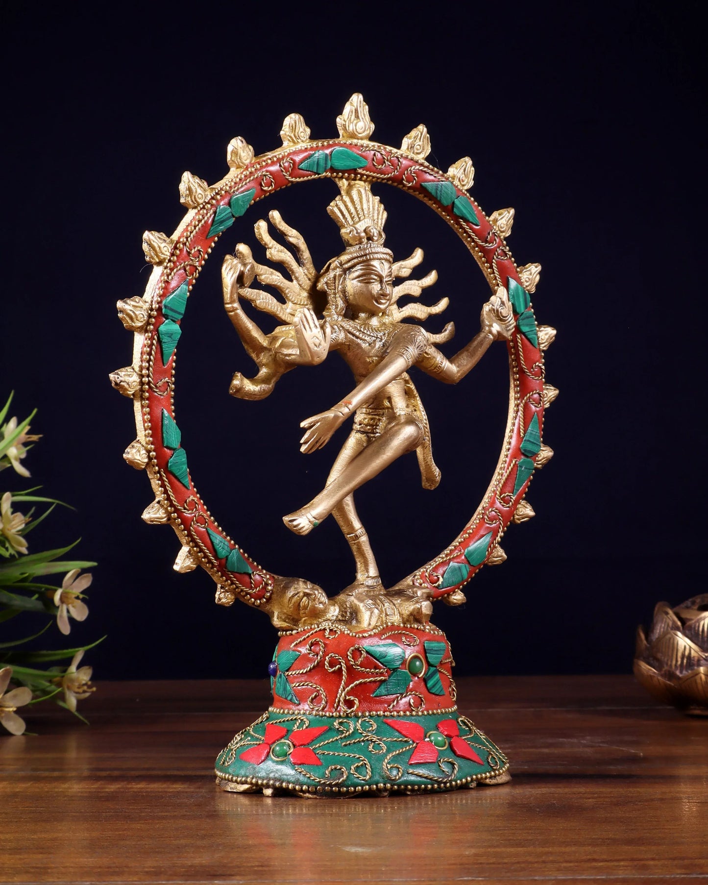 Brassaura™ Superfine Brass Lord Shiva Nataraja Idol with Stonework | Handcrafted Spiritual Décor | Weight 600 g | Height 7.5 Inches