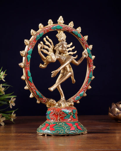 Brassaura™ Superfine Brass Lord Shiva Nataraja Idol with Stonework | Handcrafted Spiritual Décor | Weight 600 g | Height 7.5 Inches