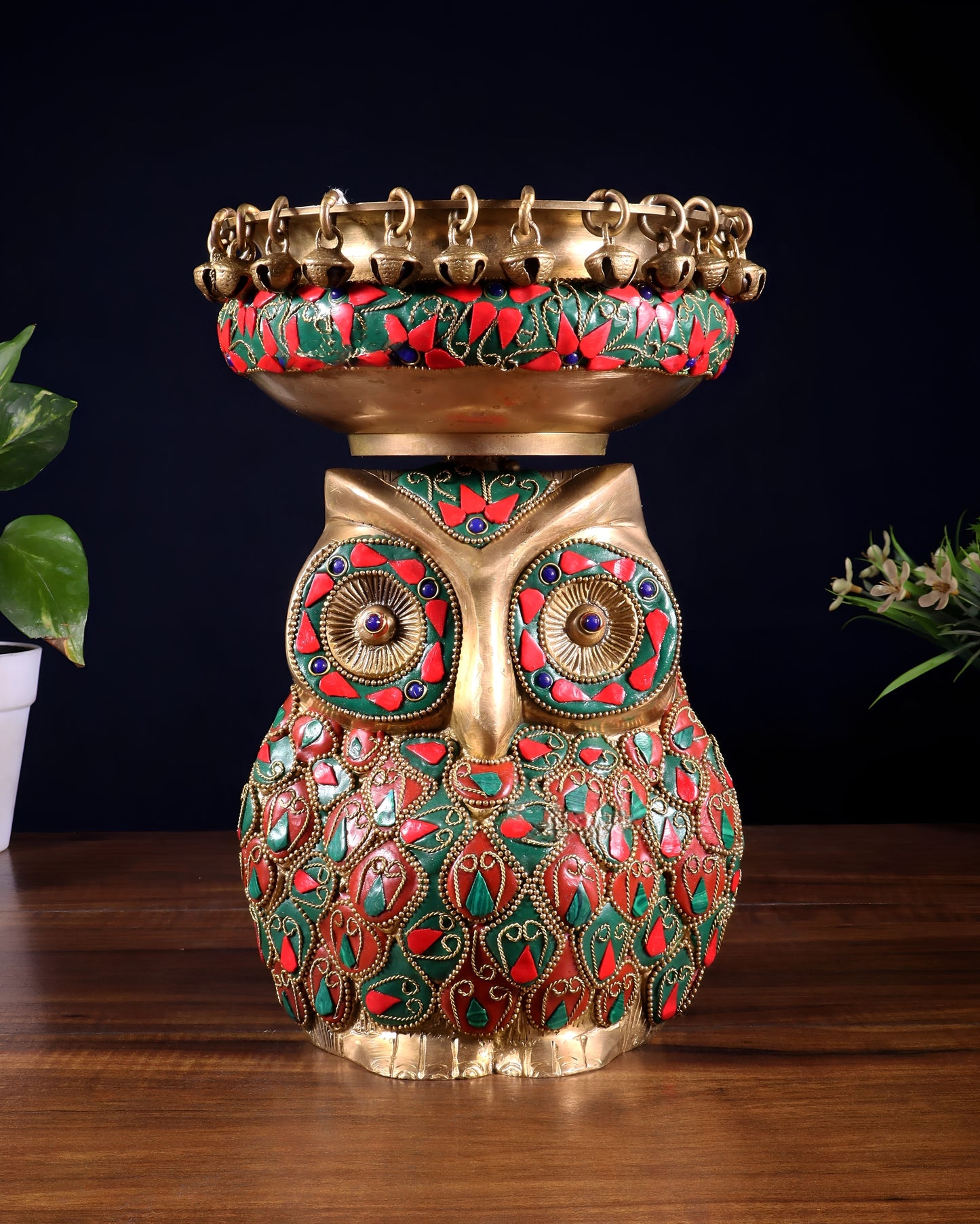 Brassaura™ Brass Urli with Large Owl Adornment | Nepalese-Style Stonework | Height 10 Inches & Weight 4.15 Kgs