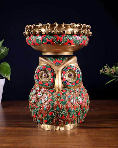Brassaura™ Brass Urli with Large Owl Adornment | Nepalese-Style Stonework | Height 10 Inches & Weight 4.15 Kgs