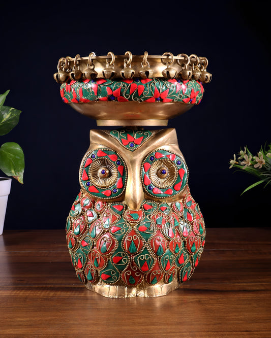 Brassaura™ Brass Urli with Large Owl Adornment | Nepalese-Style Stonework | Height 10 Inches & Weight 4.15 Kgs
