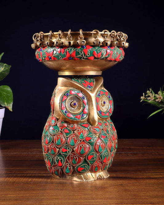 Brassaura™ Brass Urli with Large Owl Adornment | Nepalese-Style Stonework | Height 10 Inches & Weight 4.15 Kgs