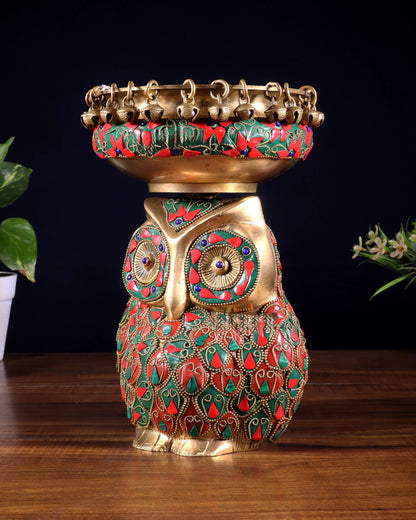 Brassaura™ Brass Urli with Large Owl Adornment | Nepalese-Style Stonework | Height 10 Inches & Weight 4.15 Kgs
