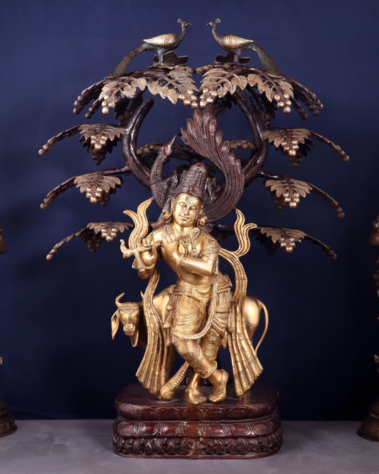 Brassaura™ Brass Lord Krishna Under Kalpavriksha | Vintage Antique Finish | Height 33 Inches & Weight 43.2 Kgs