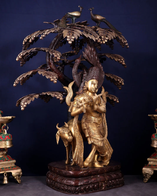 Brassaura™ Brass Lord Krishna Under Kalpavriksha | Vintage Antique Finish | Height 33 Inches & Weight 43.2 Kgs