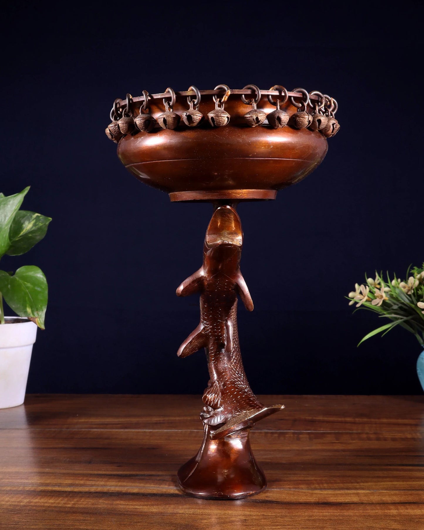 Brassaura™ Brass Decorative Urli with Dangling Ghungroos | Height 11 Inches & Weight 2.45 Kgs