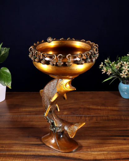 Brassaura™ Brass Decorative Urli with Dangling Ghungroos | Height 11 Inches & Weight 2.45 Kgs