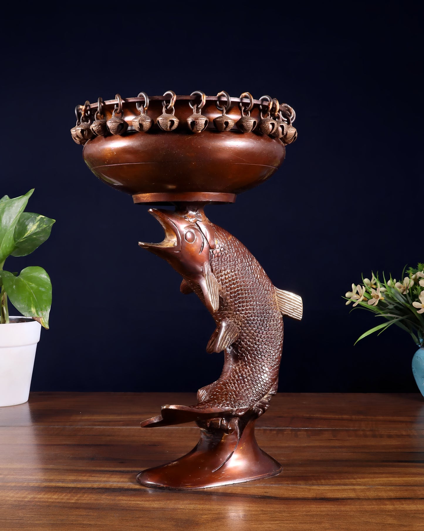 Brassaura™ Brass Decorative Urli with Dangling Ghungroos | Height 11 Inches & Weight 2.45 Kgs