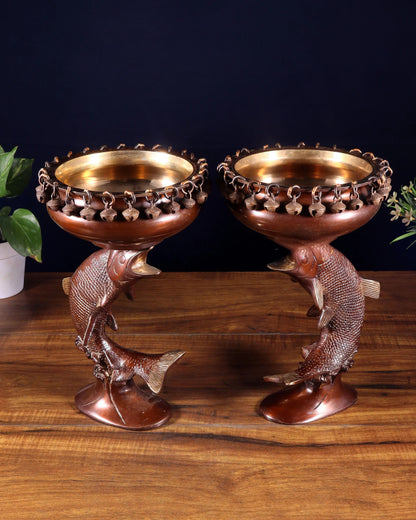 Brassaura™ Set of 2 Brass Decorative Urli with Dangling Ghungroos | Height 11 Inches & Combined Weight 4.9 Kgs