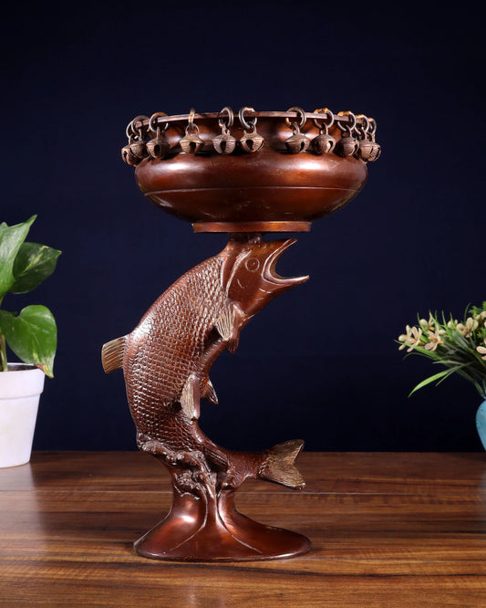 Brassaura™ Brass Decorative Urli with Dangling Ghungroos | Height 11 Inches & Weight 2.45 Kgs