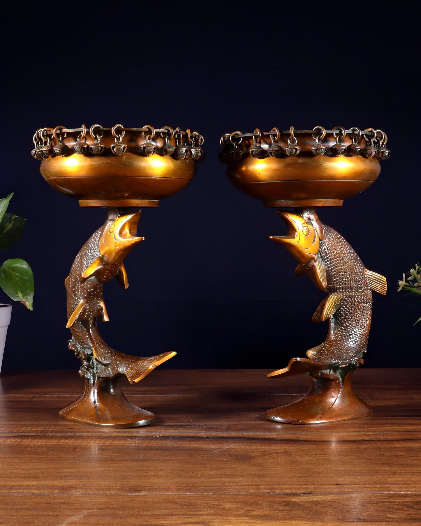 Brassaura™ Set of 2 Brass Decorative Urli with Dangling Ghungroos | Height 11 Inches & Combined Weight 4.9 Kgs