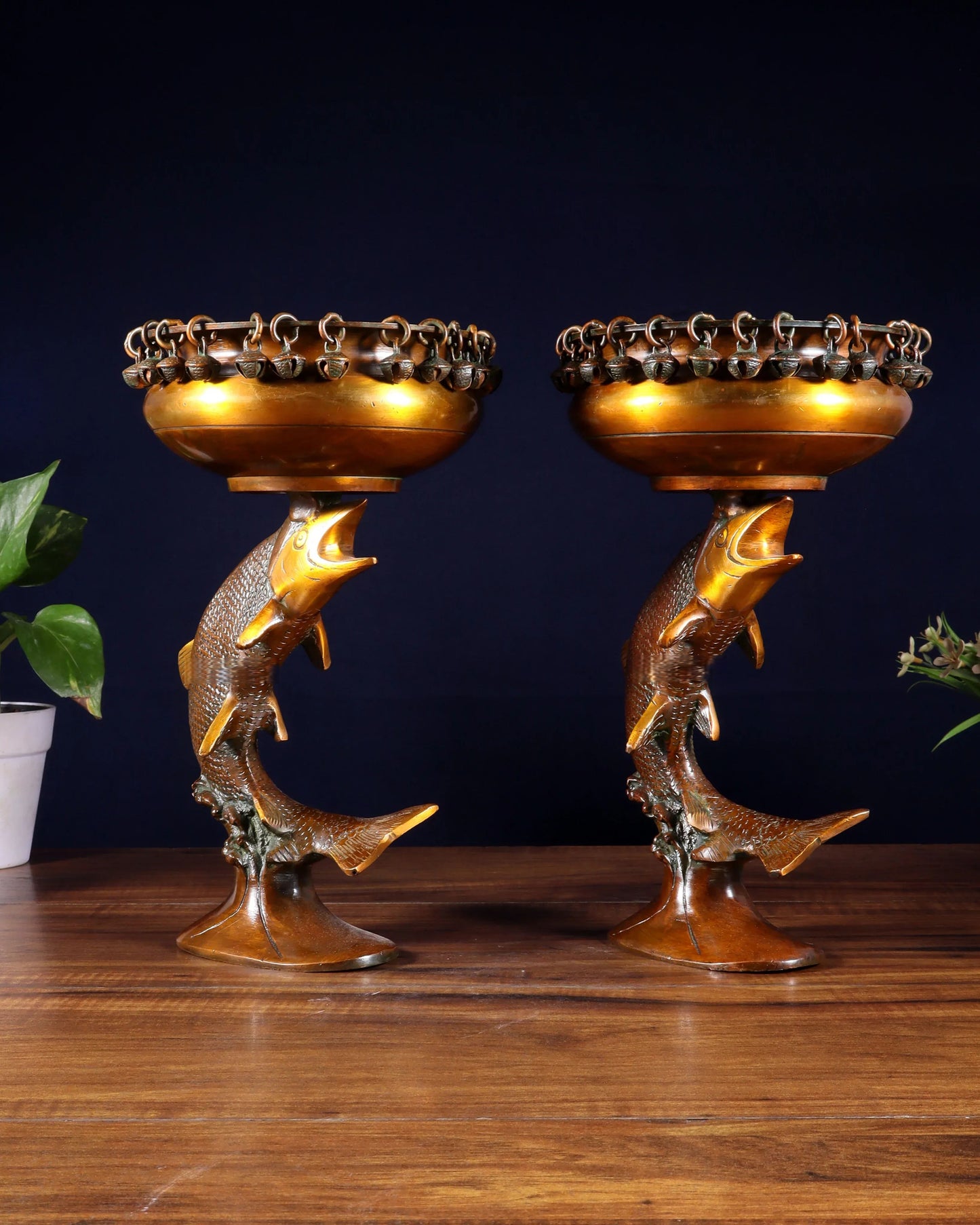 Brassaura™ Set of 2 Brass Decorative Urli with Dangling Ghungroos | Height 11 Inches & Combined Weight 4.9 Kgs