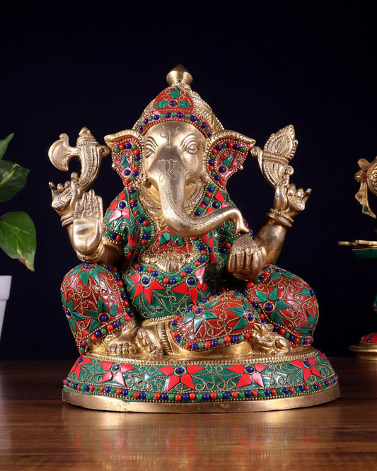 Brassaura™ Brass Lord Ganesha Statue with Floral Stone Inlay | Height 9.5 Inches & Weight 5 Kgs
