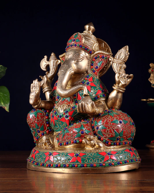 Brassaura™ Brass Lord Ganesha Statue with Floral Stone Inlay | Height 9.5 Inches & Weight 5 Kgs
