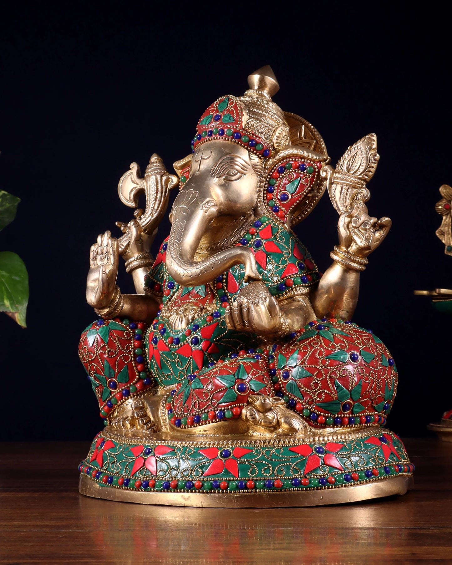 Brassaura™ Brass Lord Ganesha Statue with Floral Stone Inlay | Height 9.5 Inches & Weight 5 Kgs