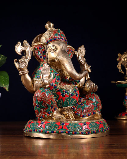 Brassaura™ Brass Lord Ganesha Statue with Floral Stone Inlay | Height 9.5 Inches & Weight 5 Kgs
