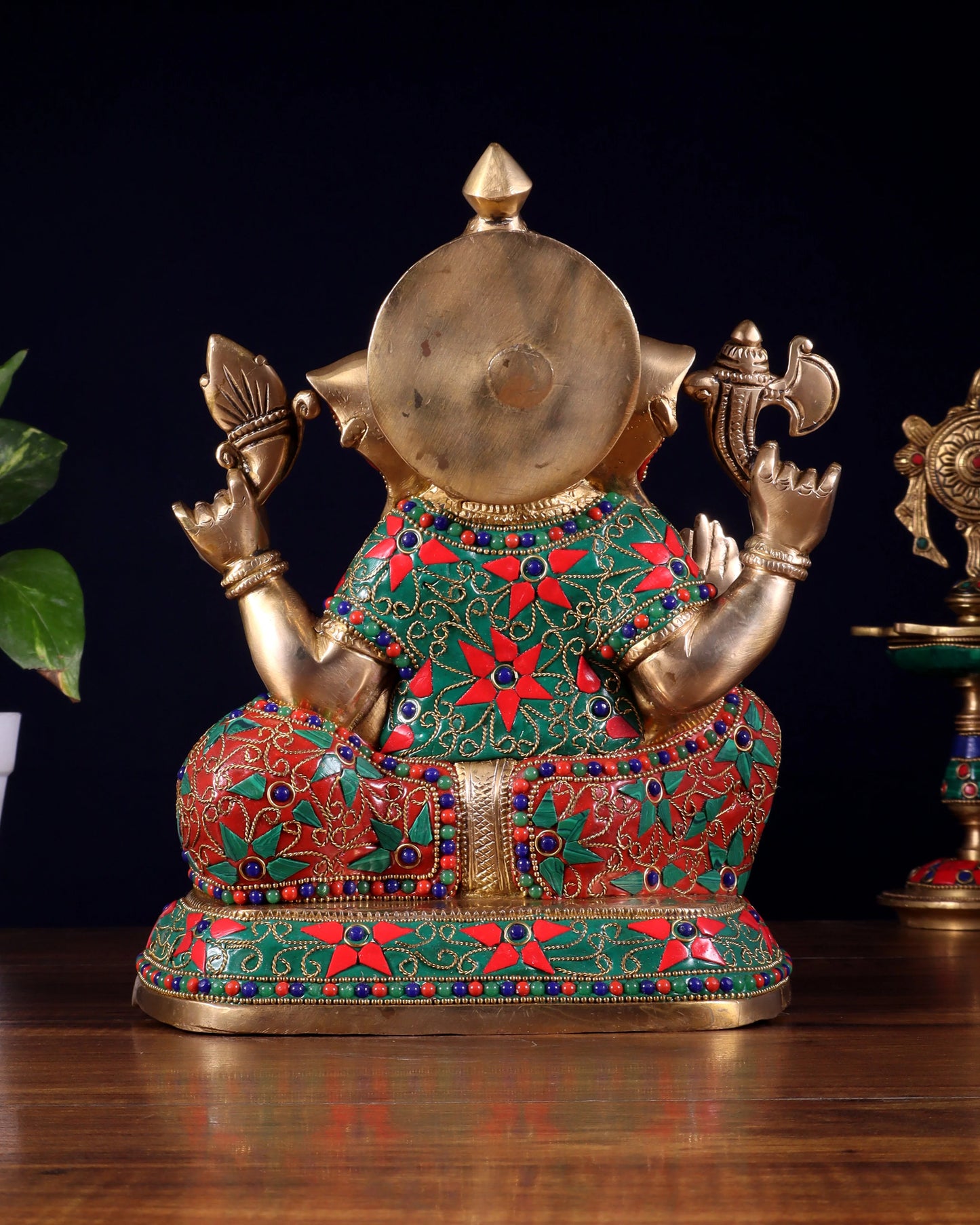 Brassaura™ Brass Lord Ganesha Statue with Floral Stone Inlay | Height 9.5 Inches & Weight 5 Kgs