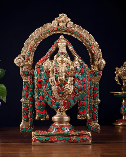 Brassaura® Superfine Brass Tirupati Balaji Idol with Meenakari Stonework | Handcrafted Devotional Décor | Height 13 Inches