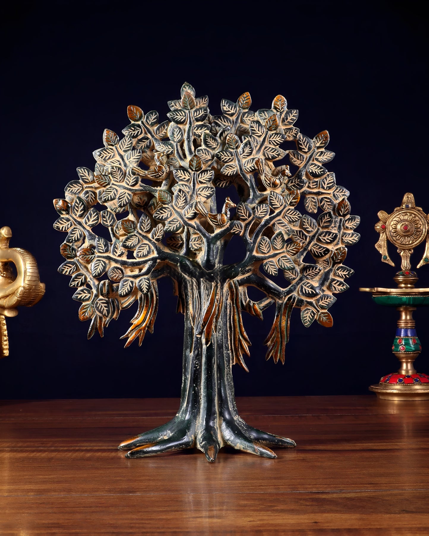 Brassaura™ Pure Brass Handcrafted Kalpavriksha Tree with Vintage Sand Patina | Tabletop Tree of Life Showpiece | Weight 1.8 Kgs | Height 11 Inches