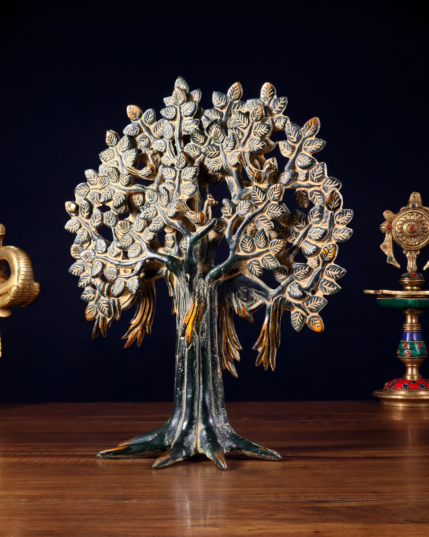 Brassaura™ Pure Brass Handcrafted Kalpavriksha Tree with Vintage Sand Patina | Tabletop Tree of Life Showpiece | Weight 1.8 Kgs | Height 11 Inches